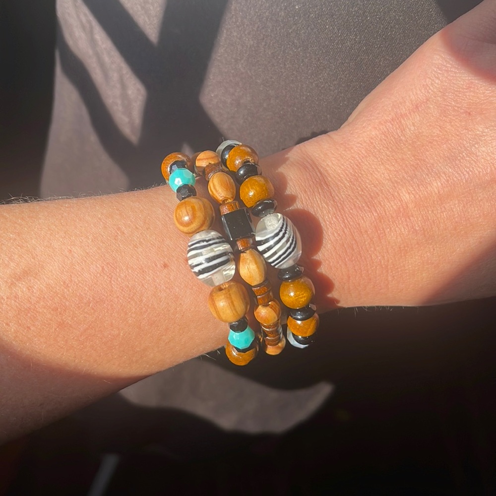 Zebra Print Beaded Three Bracelet Stack
